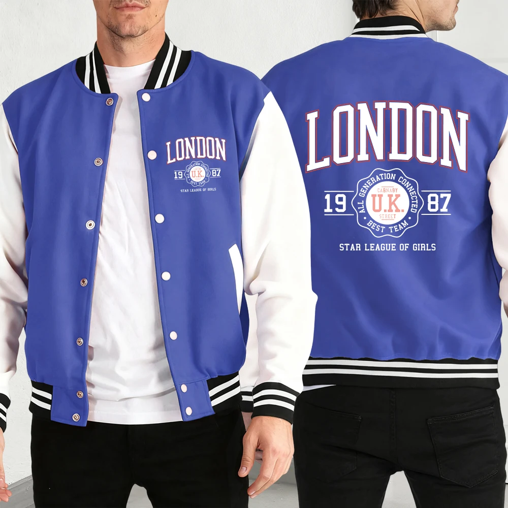 

London Star League Of Girls Pattern Man Jacket Loose Hip Hop Baseball Jersey Fleece Button Coats Unisex Autumn Casual Clothing