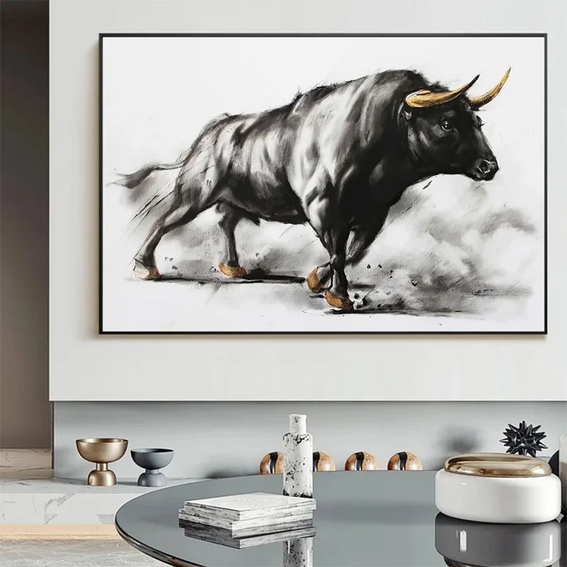 Black And Brown Bull Picture Bullfight Poster， Canvas Art Print Wall Modern Animal Painting Picture，Living Office Room Decor Cua