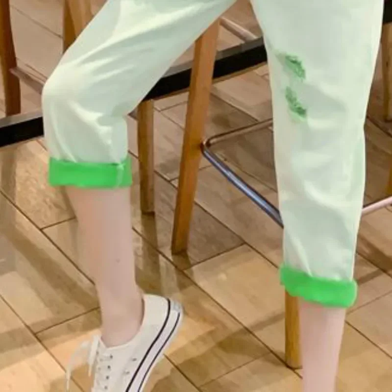 Jumpsuits Women Loose Solid Pockets Hole Ankle-length Denim Korean Style Casual All-match Trendy Kawaii Lovely Womens Daily Soft