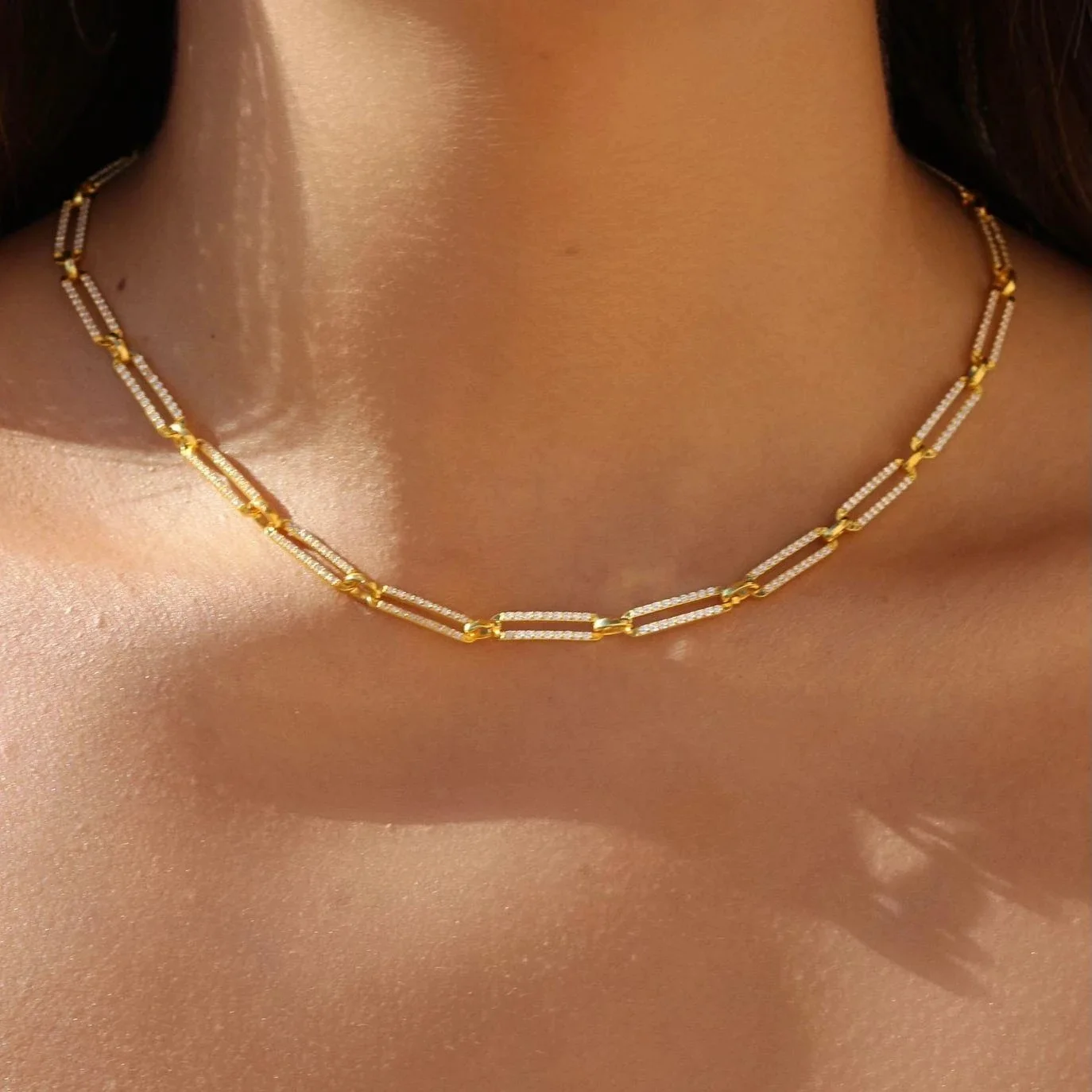 2025 New Fashion bling rectangle open link chain choker necklace micro pave cz for women gold color sexy jewelry