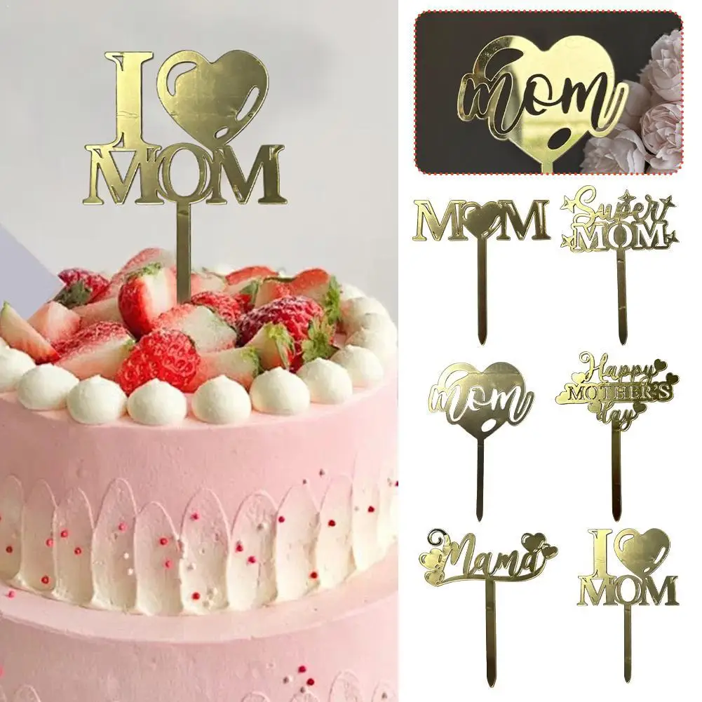 Happy Mothers Day birthday Cake Topper Gold Simple design Acrylic MOM Party Cake Toppers Mother's Day Gifts Dessert Decoration