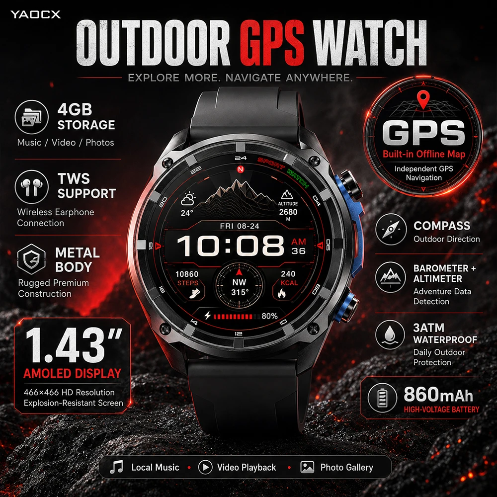 2026 New GPS Offline Map Smart Watch 4GB Storage Route Navigation 860mAh Battery 3ATM Waterproof Outdoor Sports Watch for Men