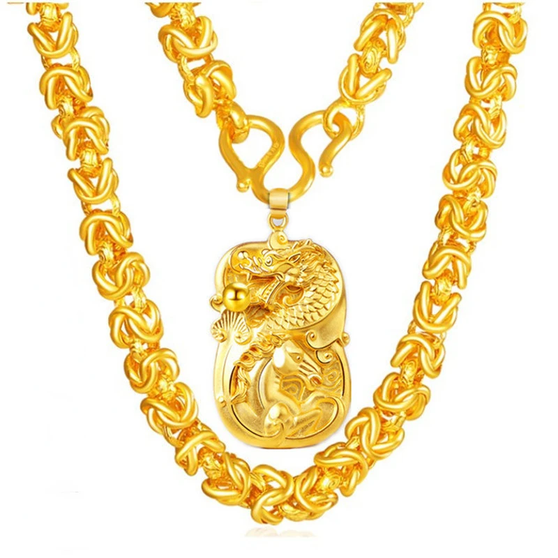 Fashion Men's Necklace 18K Gold Color Fried Dough Twists Chain with Dragon Square Pendant for Men Fine Jewelry Gifts