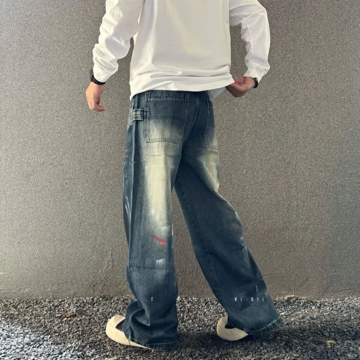 Men's Splashed Ink Washed Denim Jeans Jeans Color-blocking Design Casual Straight Trousers Male Y2k Denim Pants