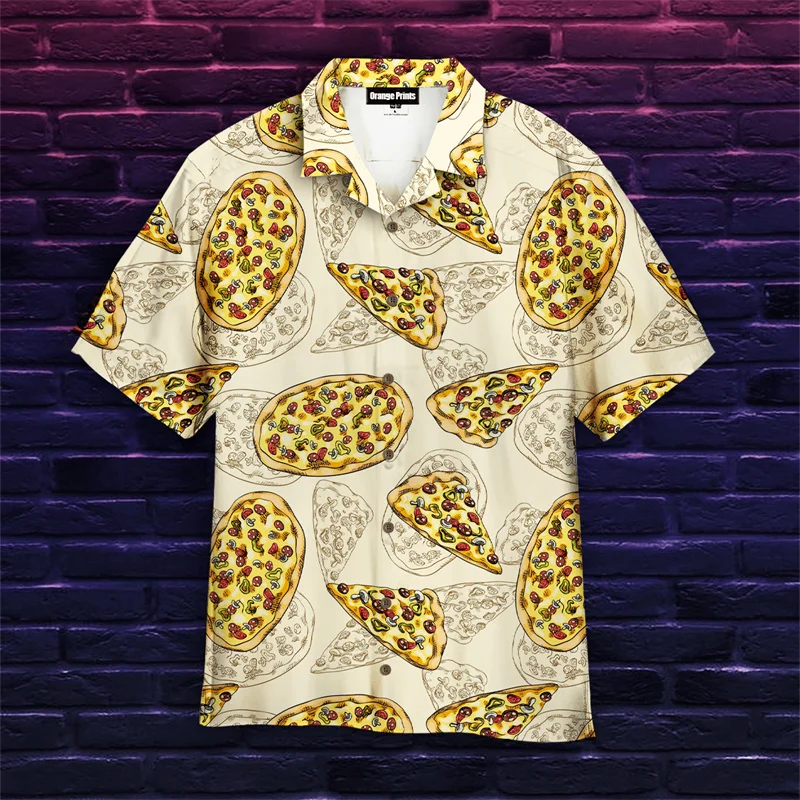 Funny Pizza 3D Print Hawaiian Shirt Cartoon Cat Food Graphic Lapel Shirt Street Loose Short Sleeves Unisex Shirts Diy Custom Top