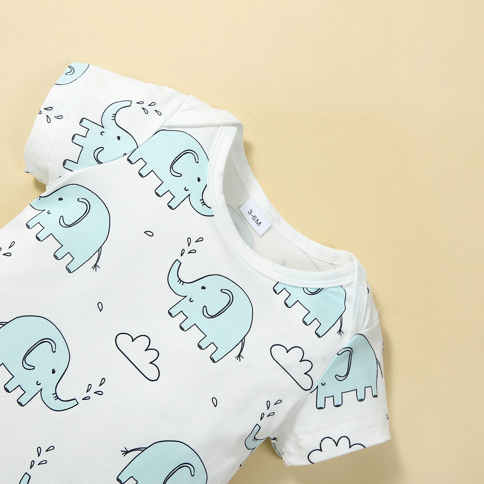 Baby Boys Casual Cartoon Elephant Print Romper & Solid Bib Pants 2Pcs Set 2023 Summer Infant Newborn Clothing