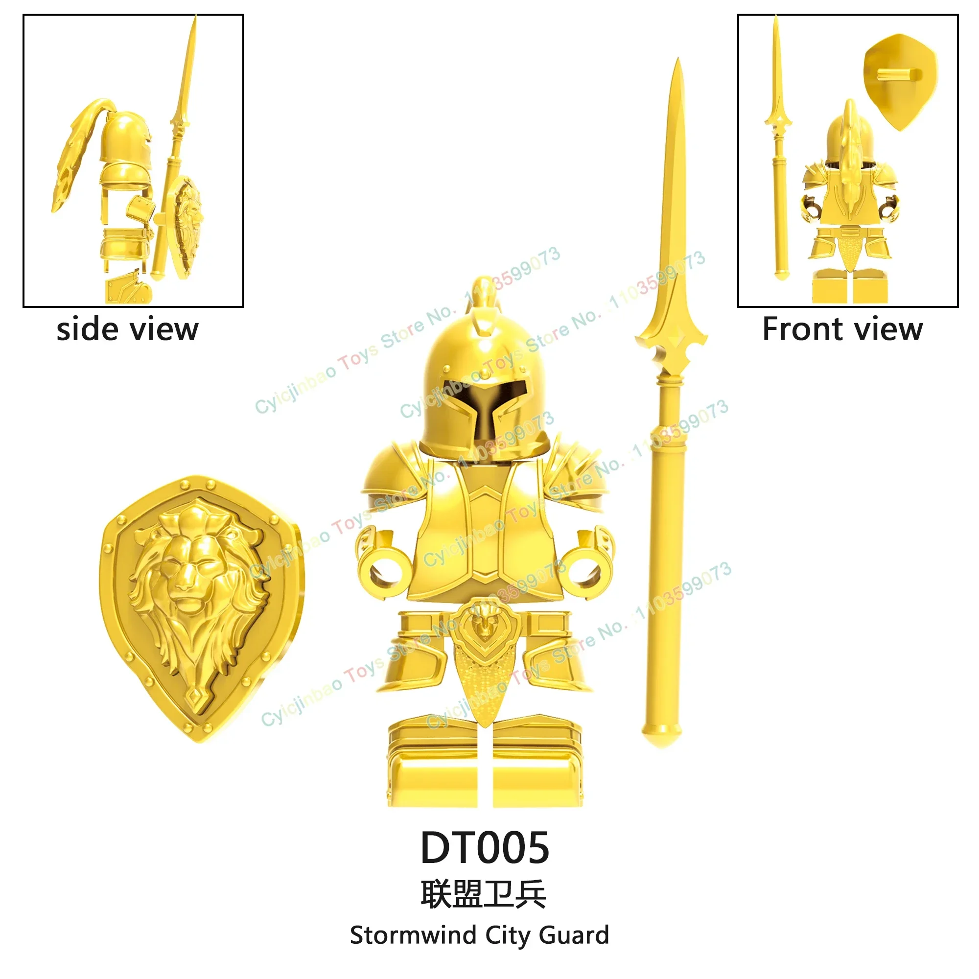 Cheval médiéval doré argent, armure lourde, figurine de chevalier, Stormwind, garde de ville, blocs de construction, accessoires, jouets pour enfants