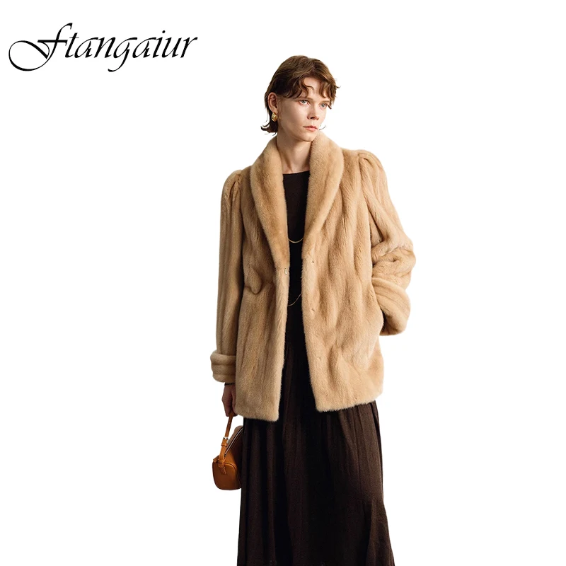 

Новая зимняя импортная шуба из вельвета и меха норки Ftangaiur, свободная норковая шуба с отложным воротником, женская, средней длины, в стиле ретро, с рукавами, из натурального меха норки