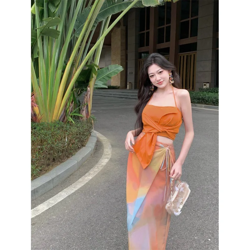 2024 Summer dopamine vacation style set with sexy sleeveless top and orange tie dyed design for a niche long dress U6EW