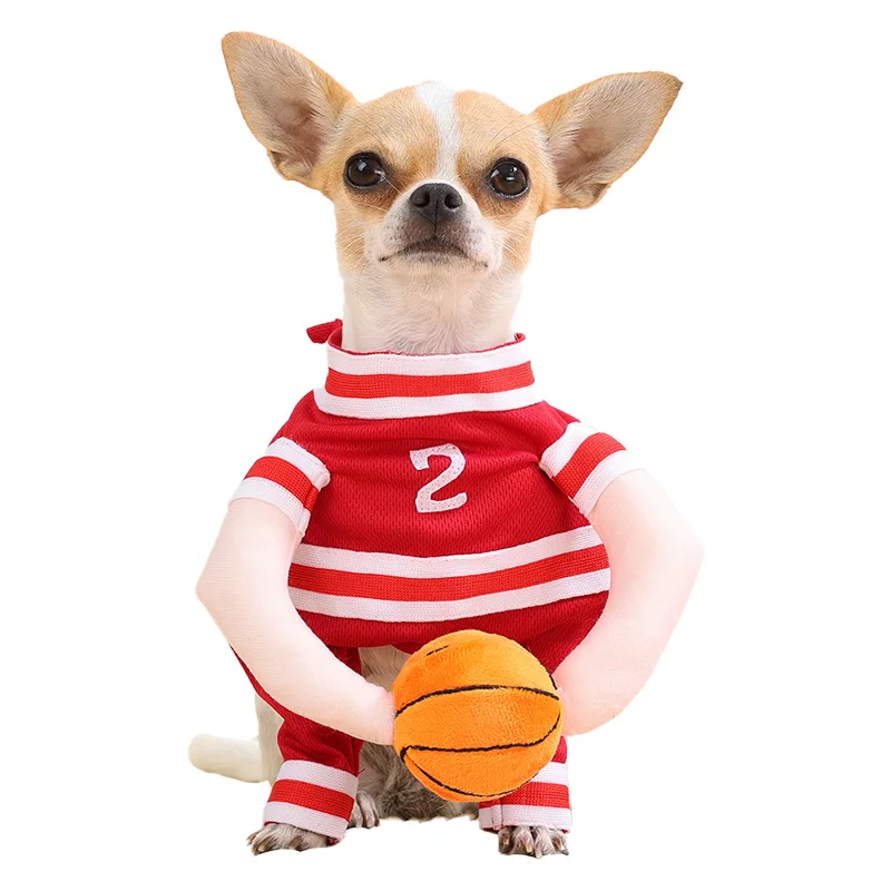 Divertido disfraz de jugador de baloncesto para perros, con brazos de peluche y una pelota, un atuendo rojo para mascotas ideal para fiestas y sesiones de fotos.