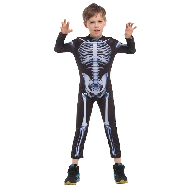 Children Halloween Cosplay Costumes Skeleton Bones Boy Jumpsuit Girl Dress Scary Creepy Black White Costume Suits