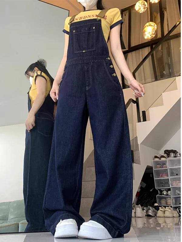 Retro Deep Blue Denim Overalls Women's Loose Floor-Length Pear ape Small Size High Waist Straight Leg Jumpsuit