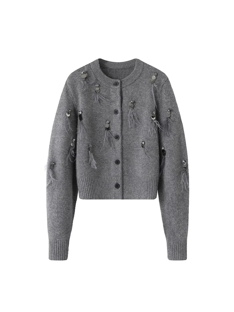 2024 New Autumn Winter Sweater Women Vintage Gray V Neck Long-sleeved Tassel Sequin Diamond Feather Knitted Cardigan Mujer Tops