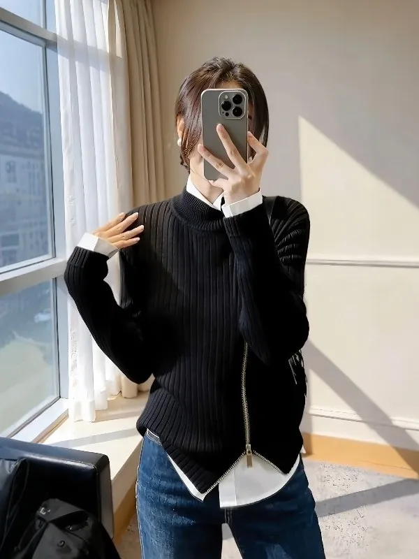 

Вязаный кардиган на молнии с открытой передней частью для женщин, осенне-зимняя повседневная верхняя одежда, длинный свитер свободного кроя