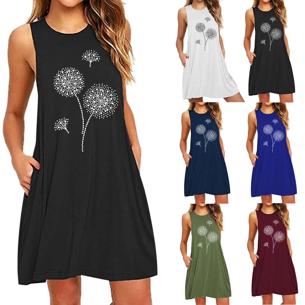 

Fashion Womens Pocket Dandelions Printing Sleeveless Casual Nightdress Dresses off Shoulder Long Dresses for Women Formal