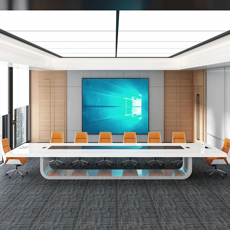 طاولة مؤتمرات مطلية، طاولة طويلة، جو بسيط وحديث، طاولة مستطيلة كبيرة ومجموعة كرسي