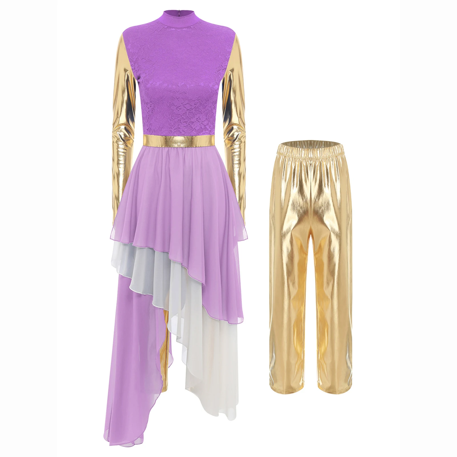 여자 liturgical 칭찬 댄스 복장 긴 소매 레이스 패치 워크 불규칙한 밑단 드레스 + 메탈릭 바지 교회 공연 댄스웨어