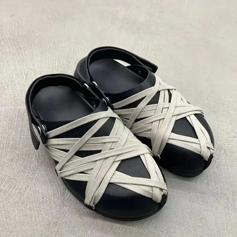 

Men's Handmade Cowhide Nappa Real Leather Crazy Lace Cover Toe Summer Retro Cool Sandals