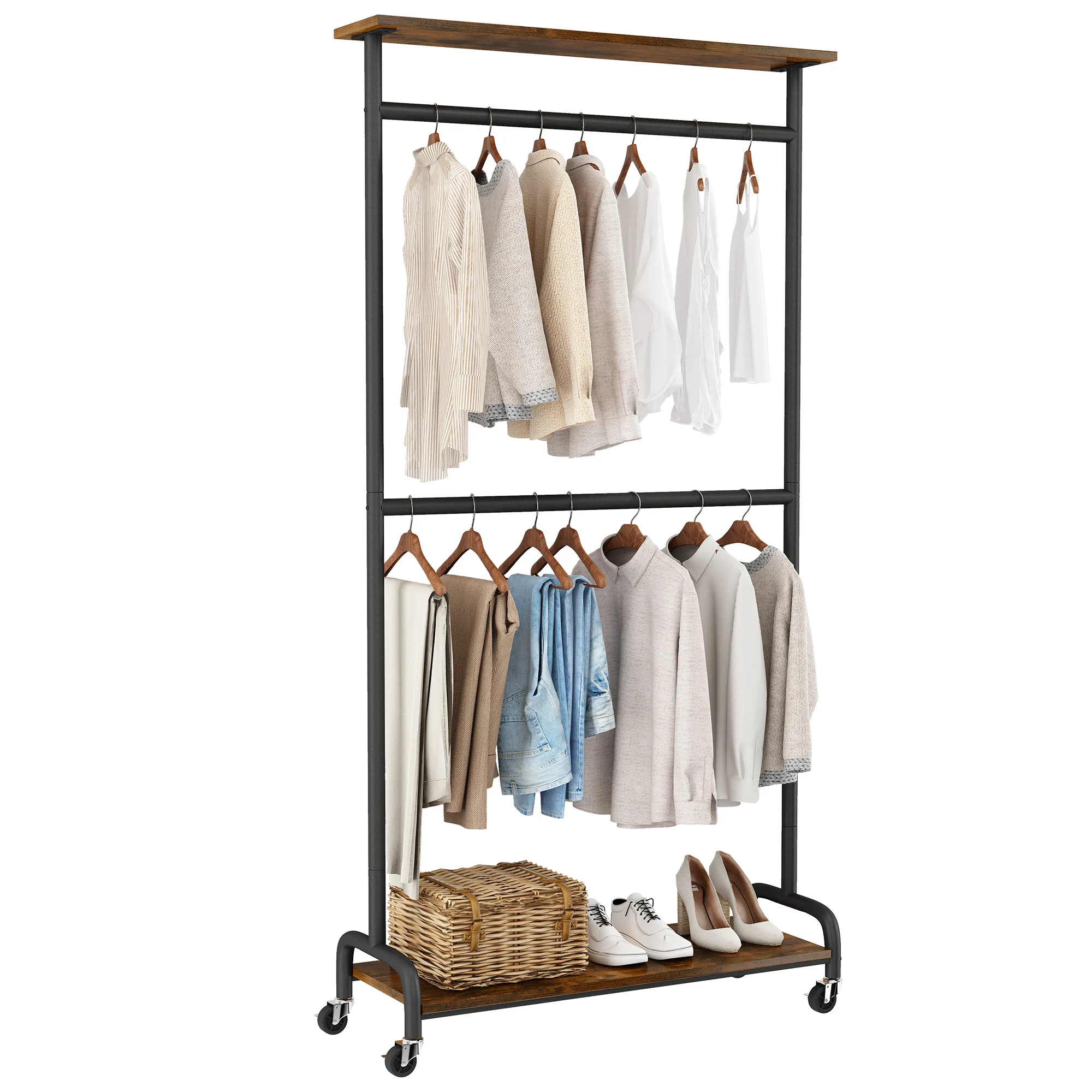 

Сверхмощная металлическая вешалка для одежды с колесами, двухъярусный органайзер для одежды для гардероба, нагрузка 400 фунтов