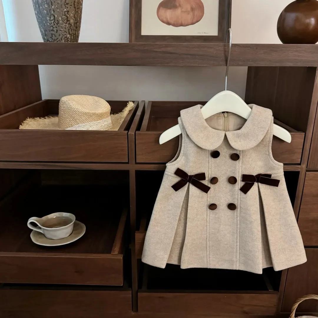 British Style Baby Girl Double-breasted High-end Bow Woolen Vest Skirt Set Fashion Casual Baby