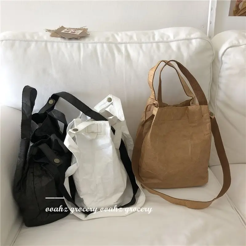 Kraft Paper Bag Women Washable Vintage Folded Corrugated Casual Zipper SOFT Shoulder Bag Handbag Luxury Bag High-Capacity