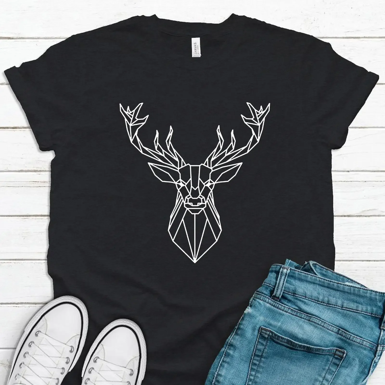 Geometric Deer Head T Shirt Polygonal Animal Hipster Unique Fall vintage Washed Top For Everyday Wear Slightly Casual
