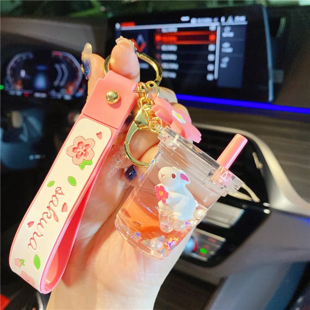 

Cartoon Bag Pendant Cherry Blossom Moving Liquid Floating Liquid Keychain Key Ring Rabbit Milk Tea Cup Keyring Boba Keychain
