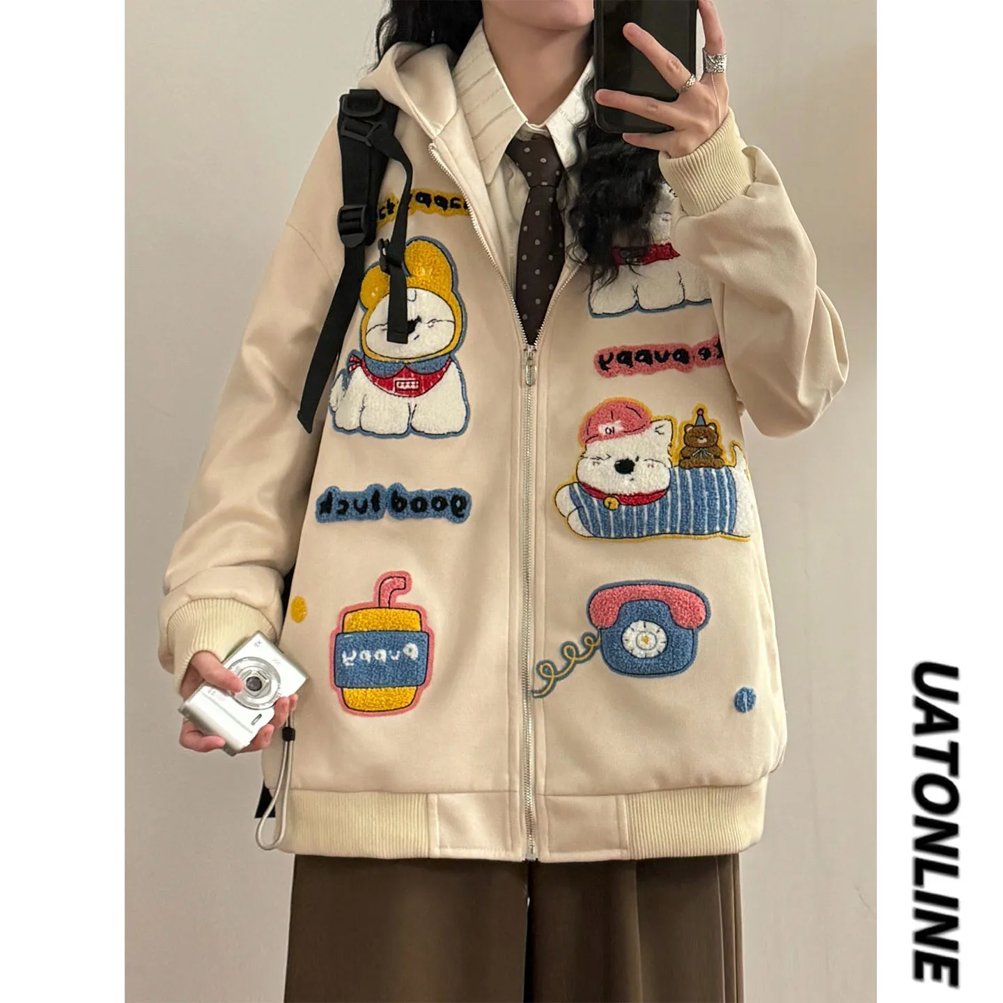 

UATONLINE2026 Весенняя женская толстовка-кардиган в американском ретро-стиле с вышивкой и замшевыми элементами, модная свободная куртка с длинными рукавами для уличного стиля