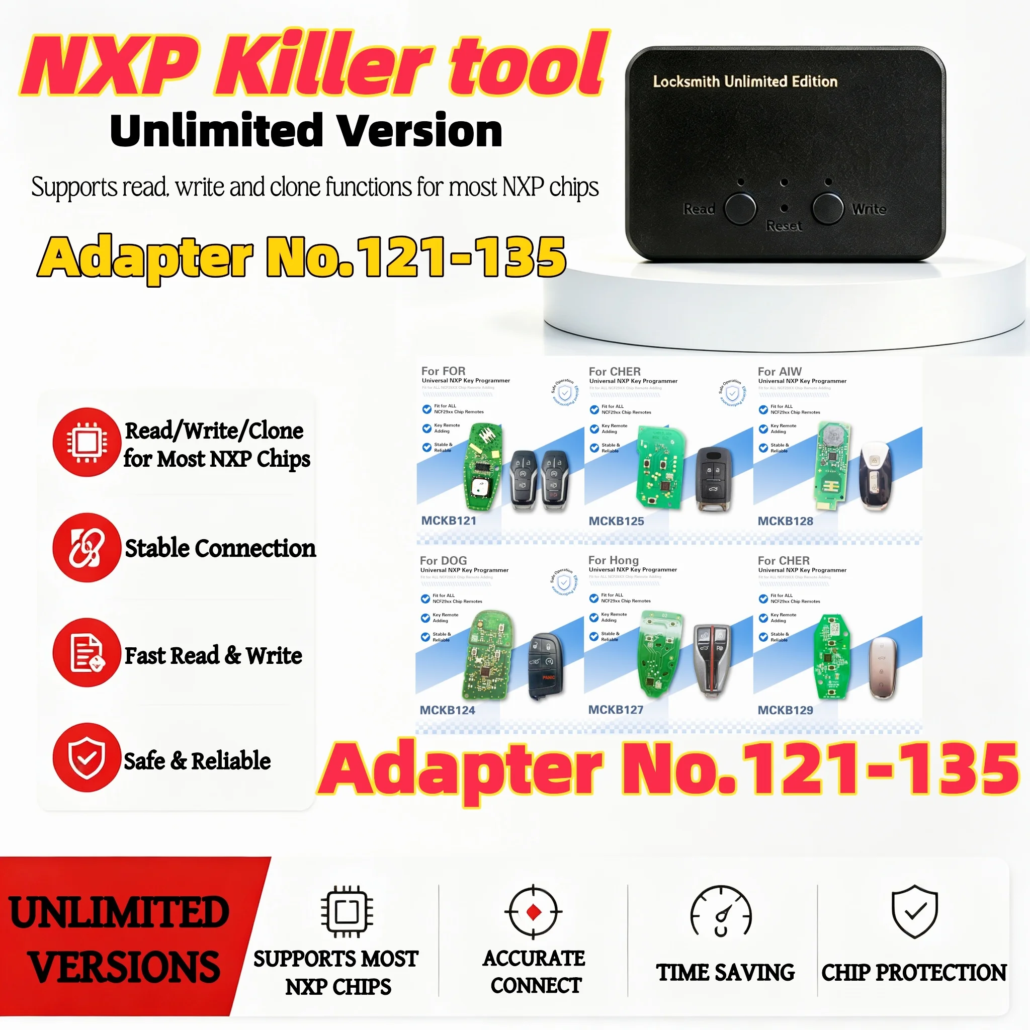 Adapter No.121-135, compatible with NXP Killer, VVDI, Xhorse, KD and other devices, supports chip reading, writing and cloning
