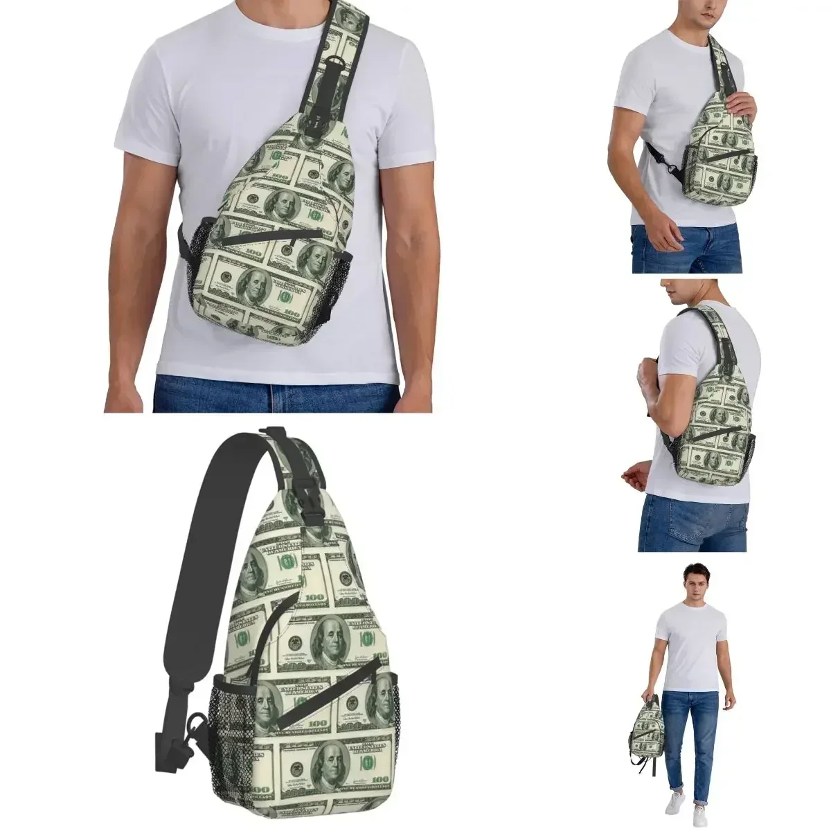 

USA Dollar Banknotes Crossbody Sling Bags Small Chest Bag Money Shoulder Backpack Daypack for Hiking Outdoor Bag