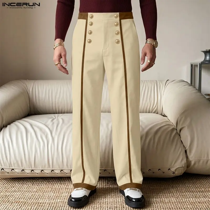 INCERUN Men's Pants Patchwork Button Color-block Streetwear Casual Trousers For Man 2026 Joggers Vintage Male Pants Pantalones