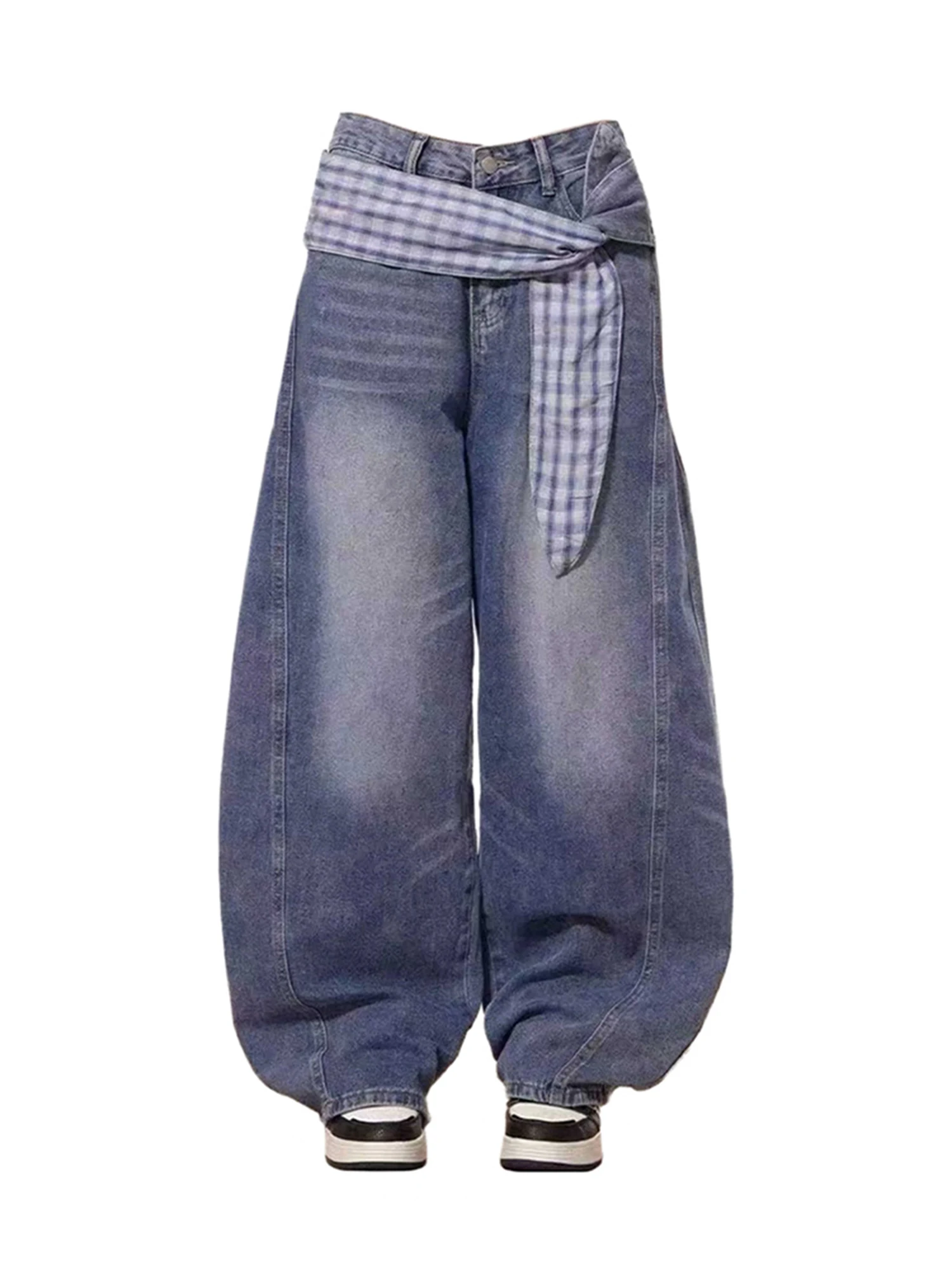 

Women's Blue Y2k Baggy Jeans Japanese 2000s Style Bandage Wide Leg Jean Pants Vintage Harajuku Oversize Denim Trousers Clothes