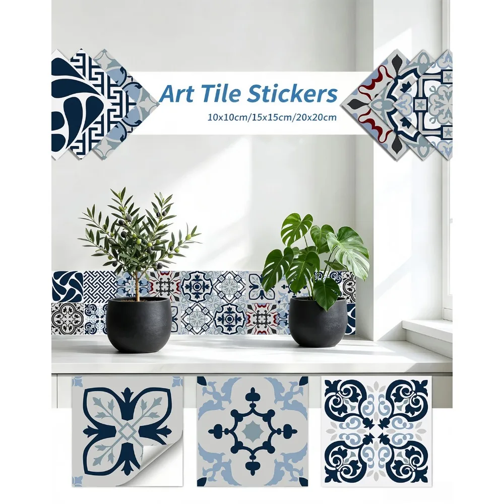 20 Pcs/pack Neutral Moroccan Geometric Floral Self-Adhesive Tile Stickers Vintage Boho Flower Decals Cabinet Wardrobe Home Decor