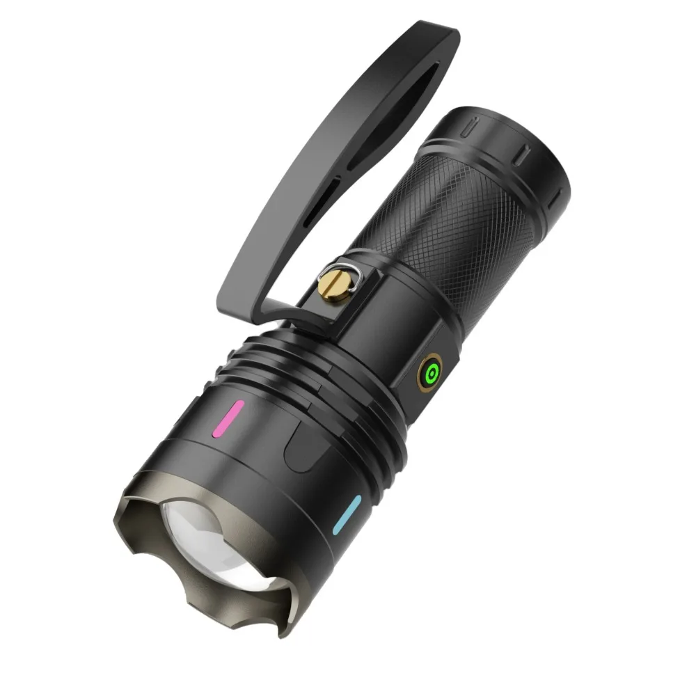 Super Bright LED Flashlight Type C Rechargeable 3 Modes Zoom Handlamp Long Range Tactical Torch Outdoor Waterproof Camping