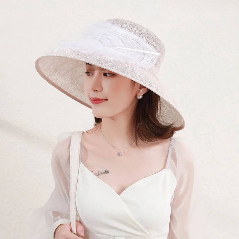 New Filipino Hemp Yarn Retro Top Hat Women's Banquet Hat Ostrich Wool Hemp Yarn Hat  Wedding Hats for Women Elegant Church