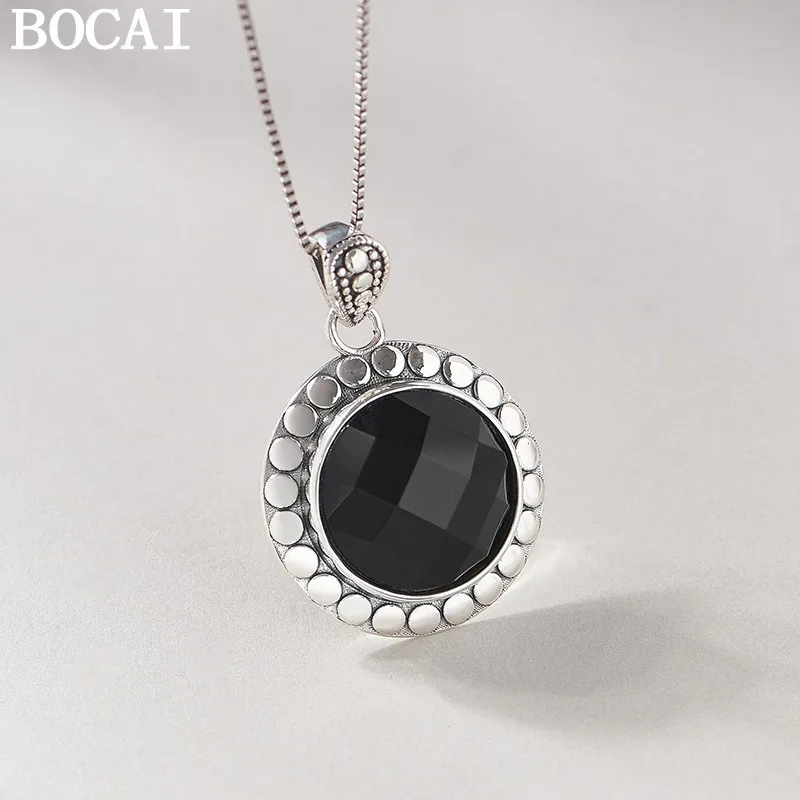 

BOCAI New S925 Silver Jewelry Fashionable And luxurious Inlaid With Zircon Round Cut Black Agate Pendant Women's Selected G
