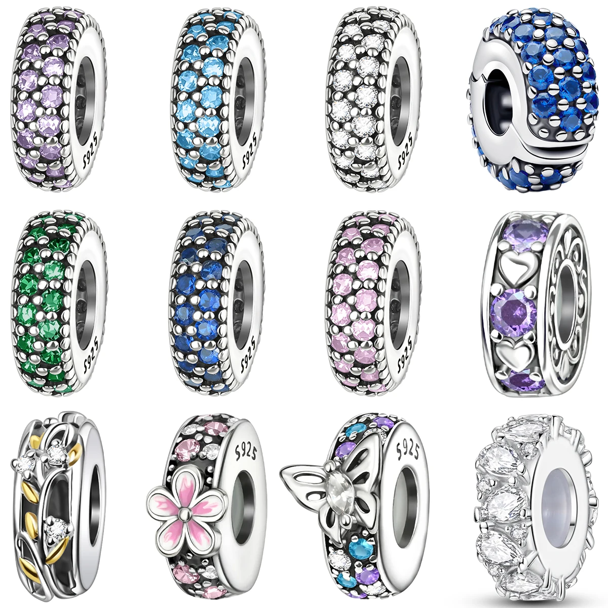 925 Sterling Silver Color Gem Pave Spacer Beads Flower Butterfly Heart Inlaid Large Hole Charms Fit Bracelet DIY Women Jewelry