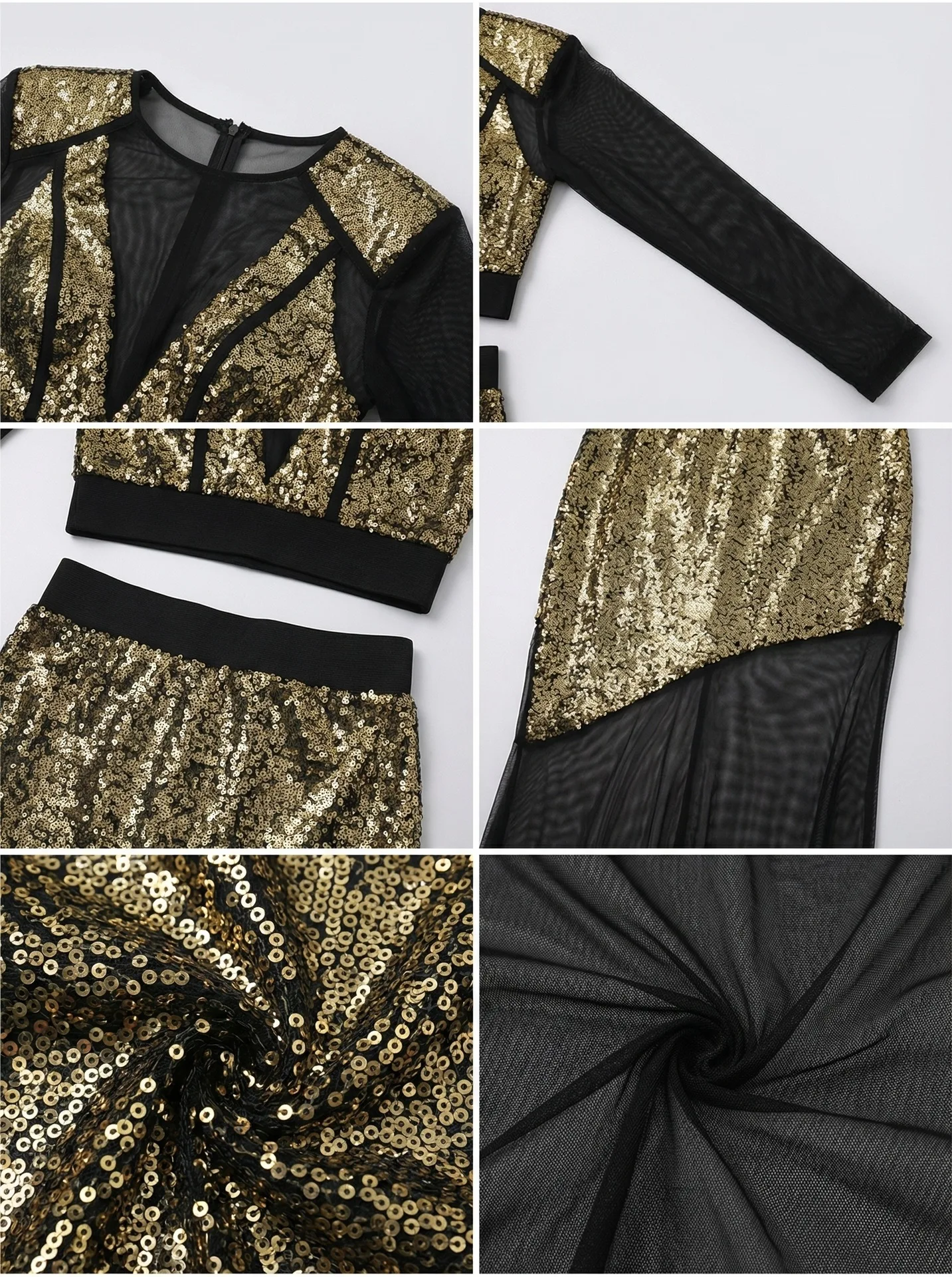 Vestido de Fiesta con Lentejuelas Doradas, Sexy, 2 Piezas, Top con Sujetador + Tul Negro, Mangas Largas, Vestido de Noche Formal para Invitadas de Boda, Cumpleaños