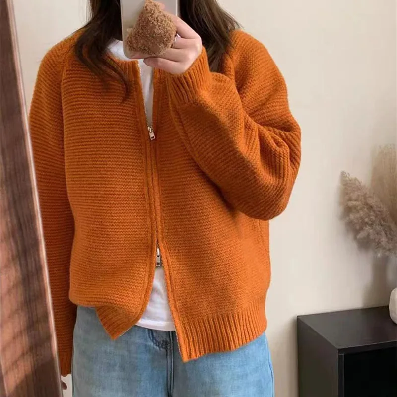 

Новинка Осень-зима 2024, корейский Повседневный двубортный свитер на молнии, пальто, Женский облегающий теплый короткий вязаный кардиган, одежда LJ735