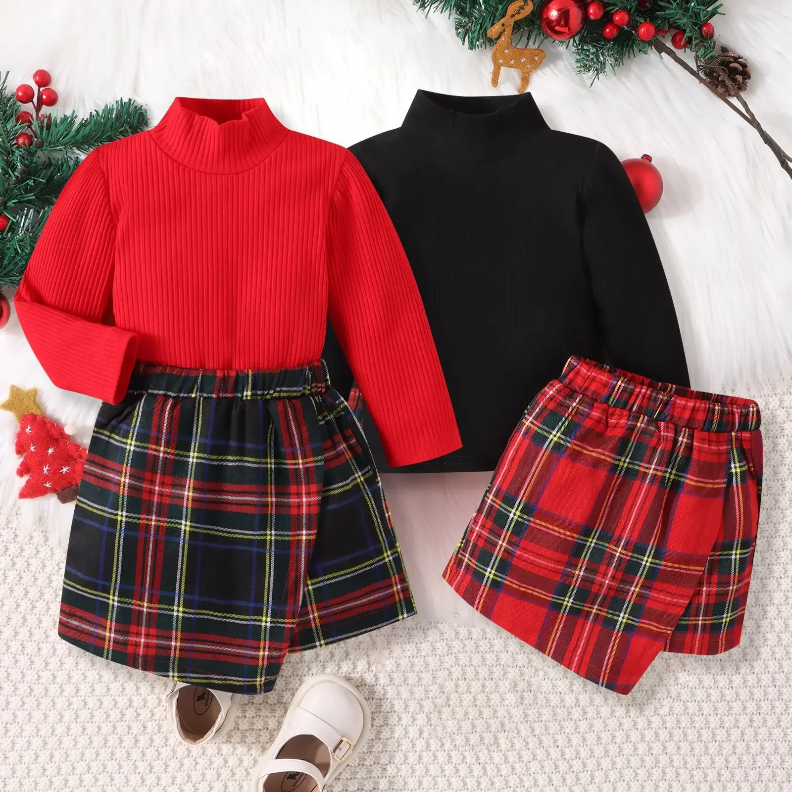 

6M-5T Girls Clothing Sets Christmas Winter High Collar Long Sleeve + Checkered Lrregular Skirt Pants Vintage Cute Baby Girls Set