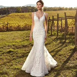 Customized Sexy V-Neck Mermaid Wedding Dress 2026 Lace Boho Sleeveless Bride Gown Buttons Pleats Illusion Back Vestido De Novia
