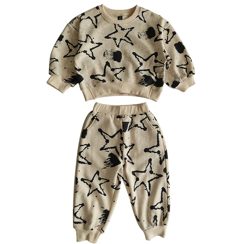 2024 Childrens Sets Original Korean Boy Autumn Outfit New Set Pentagram Print Sweater Sweatpants Cotton Soft Two Piece Sets