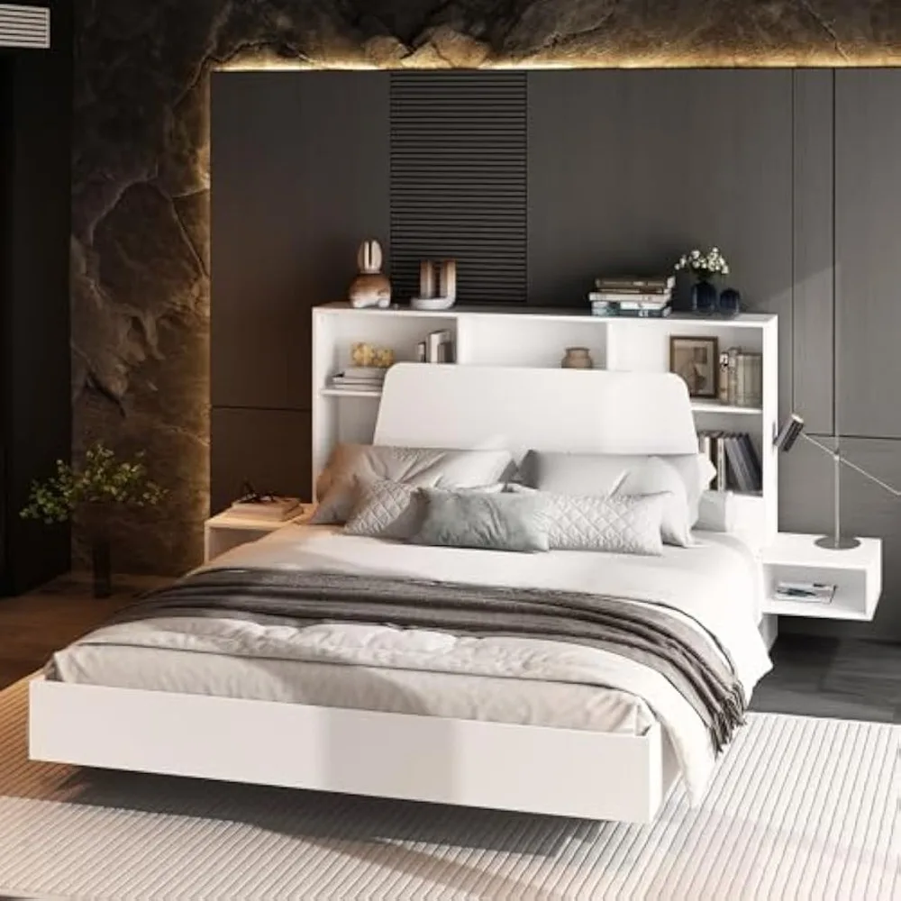 

Кровати рама, зарядная станция, платформа кровати с изголовьем для хранения, 2 тумбочки и 4 ящика, розетки и USB порты, кровати рама.