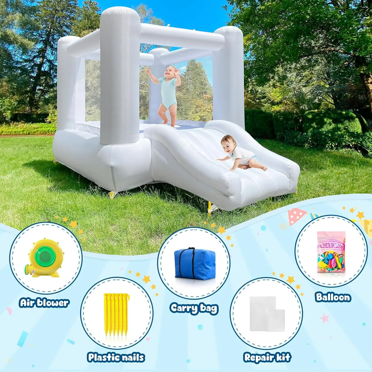 Maison gonflable blanche de rebond à dessus plat de 9x7x6 pieds pour fête des tout-petits avec château gonflable Oxford coulissant comprenant un souffleur (sans bâche)
