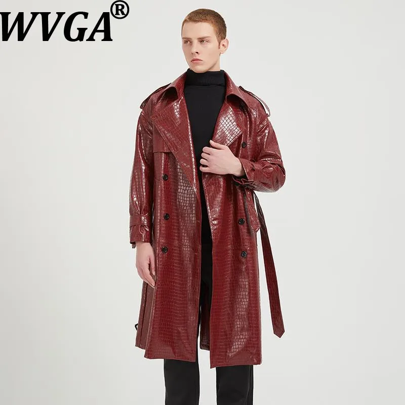 

WVGA Autumn Winter New Man Tide Pattern Trendy PU Leather Jacket Niche Chic Casual Belt Double-Breasted Niche Trench Coat W15291