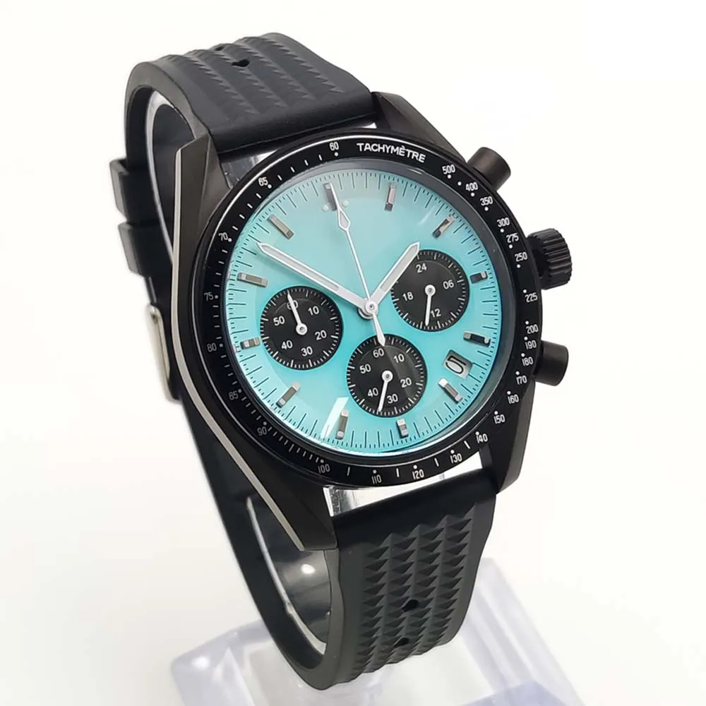 ساعة رياضية كوارتز سوداء 40 ملم للرجال VK63، هيكل مقاوم للماء من الفولاذ المقاوم للصدأ، حزام مطاطي مريح، زجاج الياقوت