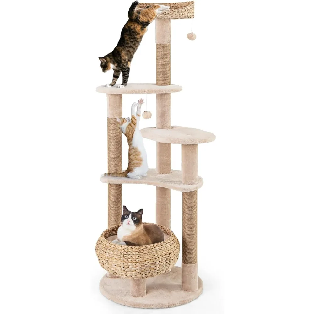 

65 inch Cattail Cat Tree Tower, Multi-Level Tower with Natural Jute Scratching Posts, Dangling Balls and Jumping Platforms,