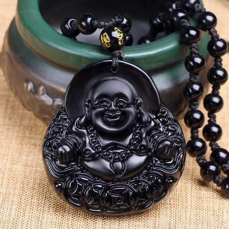 

Natural Obsidian Buddha Necklace Men Women Healing Gemstone Jewelry Genuine Black Obsidian Crystal Money Buddha Pendant Necklace