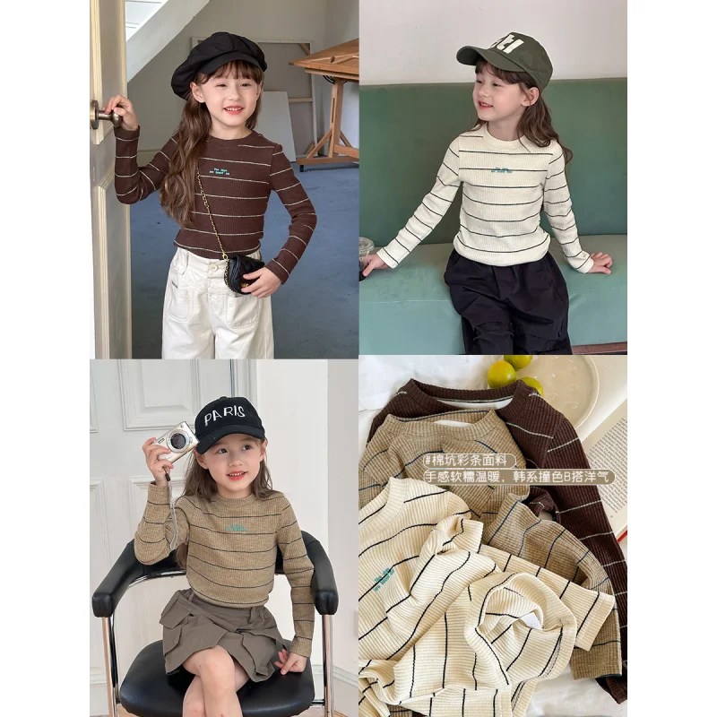 

2024Autumn Children's Clothing Girls' Baby Western Style All-Matching Slim-Fit Letters Striped Bottoming Shirt Top