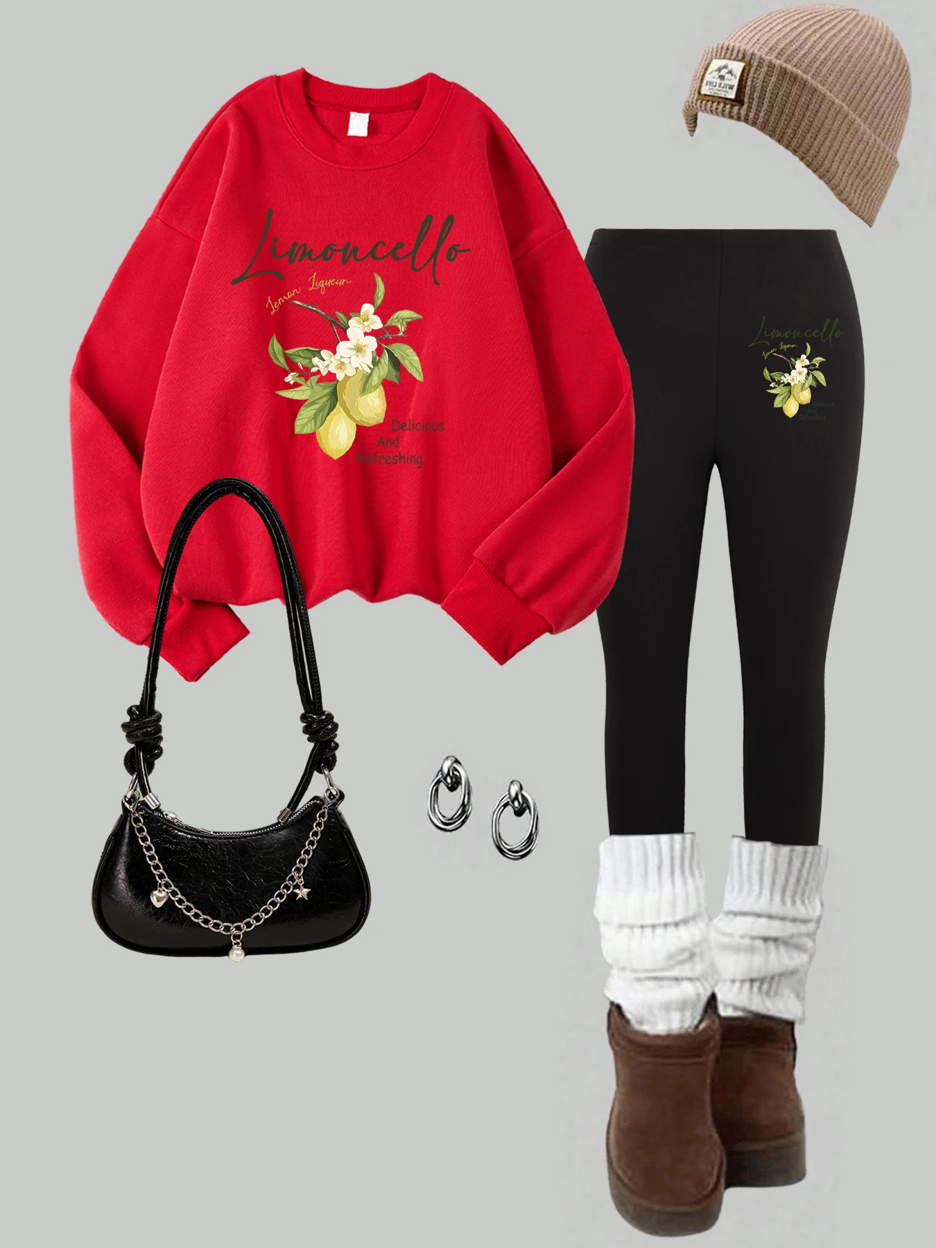 Jersey con estampado refrescante y deliciosa de violonchelo y limón para mujer, conjunto de sudadera holgada de otoño, mallas gruesas de lana, ropa deportiva con cuello redondo Y2K